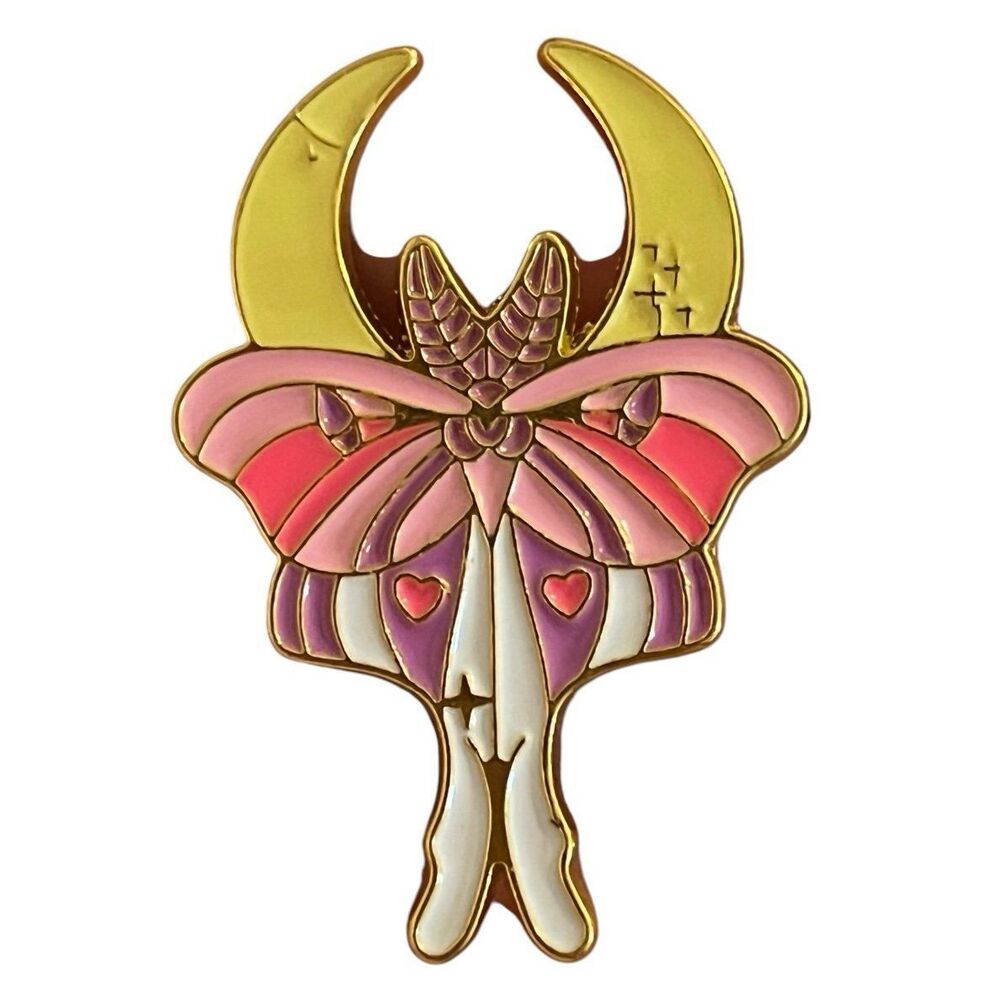 Celestial Moon Pink Hearts Kawaii Moth Enamel Pin